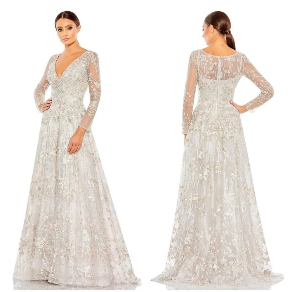 Mac Duggal Embellished Wrap Over Illusion Long Sleeve A Line 20402 Dress
